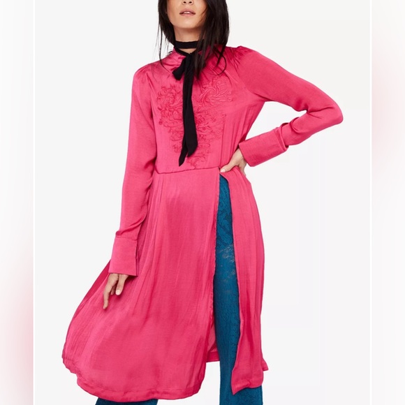 Free People XS Pink Floral Embroidered Long sleeve Hi-Neck Side Slit Dress - Picture 3 of 10